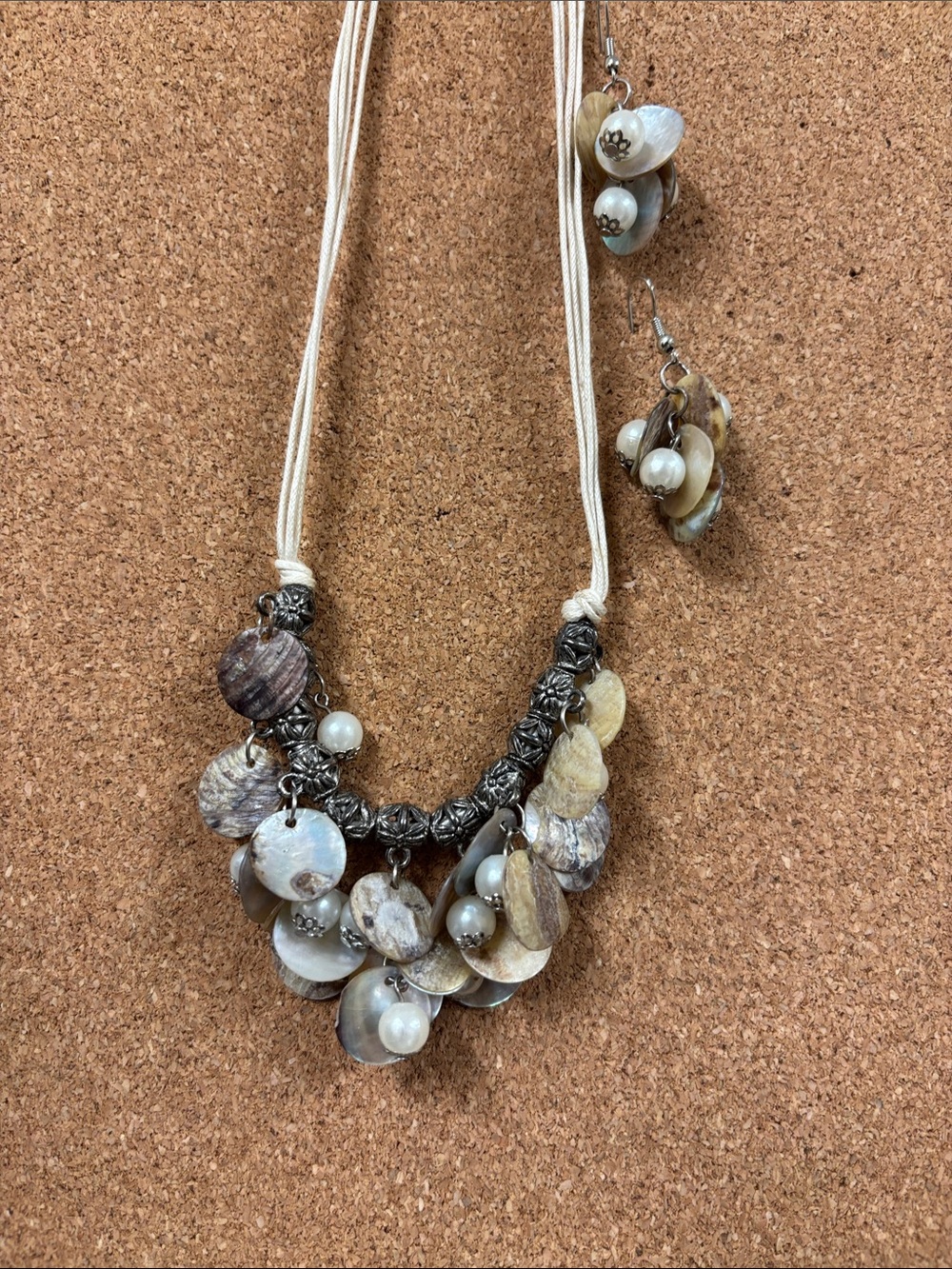 Mother or Pearl and faux Pearl Cluster Necklace with Matching Earrings